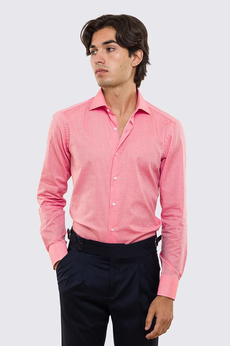 Camicia Uomo salmone effetto melange slim fit in cotone 100% Collo semi francese tinta unita sartoriale - immagine 2