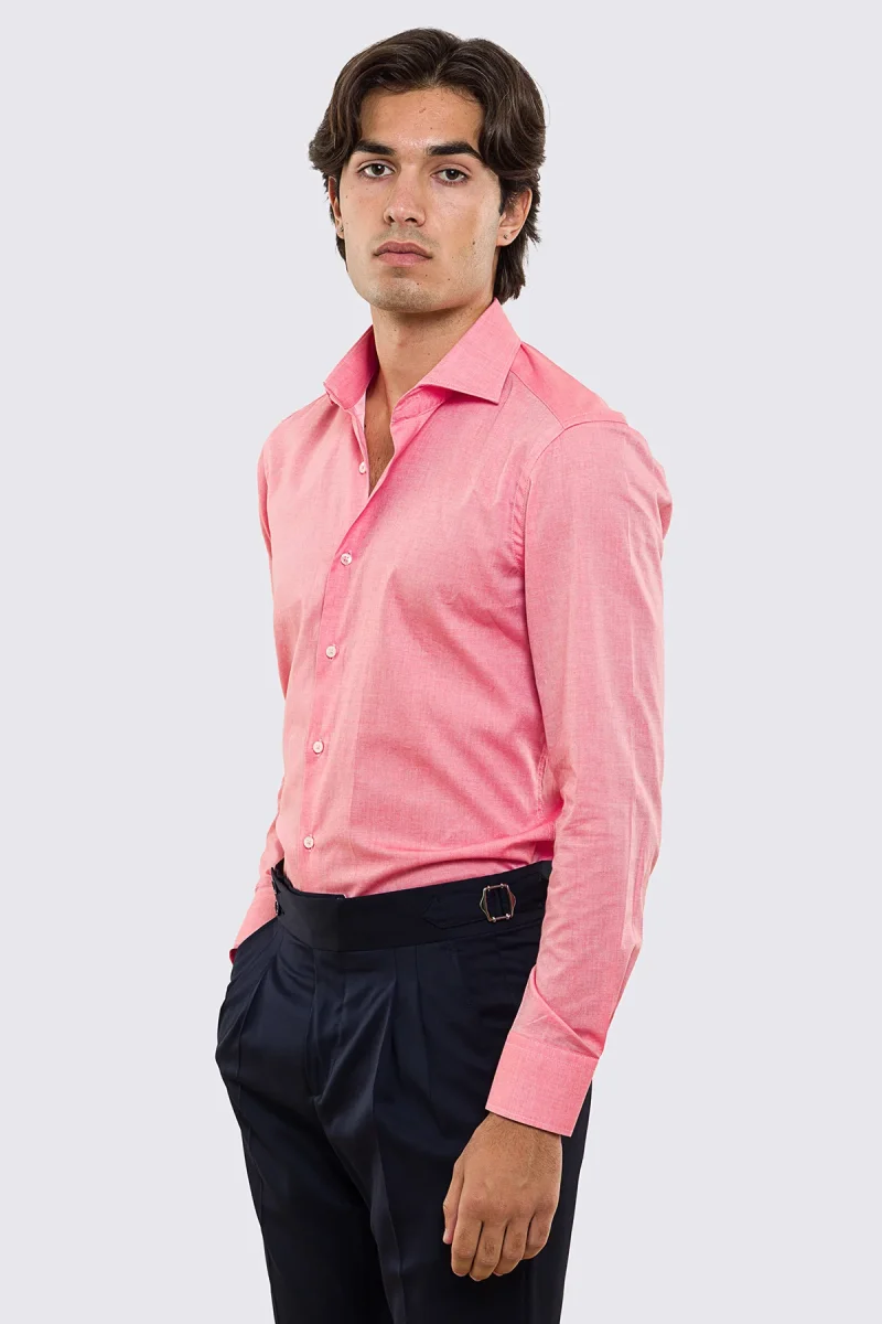 Camicia Uomo salmone effetto melange slim fit in cotone 100% Collo semi francese tinta unita sartoriale - immagine 3