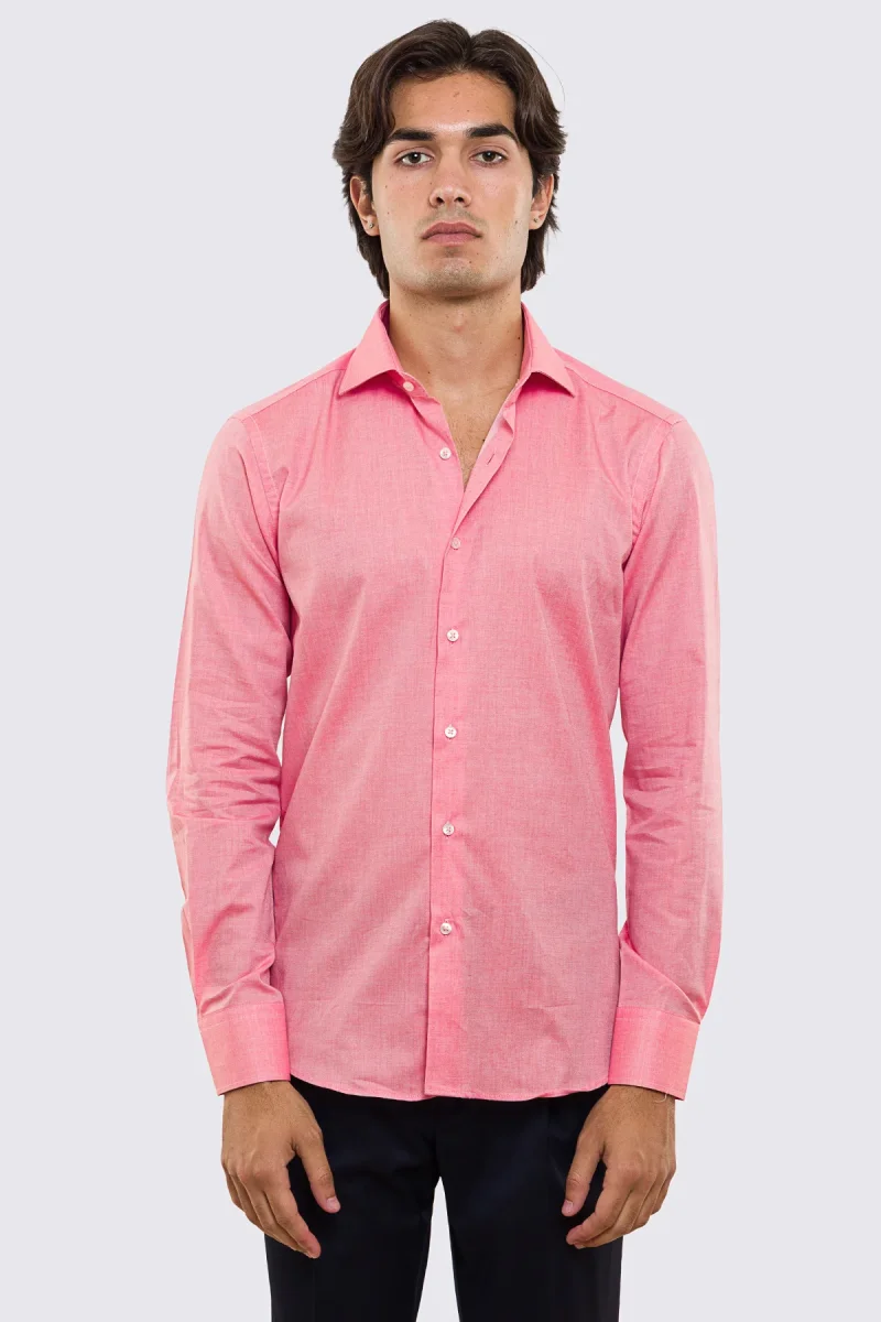 Camicia Uomo salmone effetto melange slim fit in cotone 100% Collo semi francese tinta unita sartoriale - immagine 5