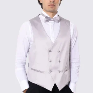 Gilet doppiopetto grigio in raso da uomo regular fit con tasche a filo e gancio di regolazione sul retro