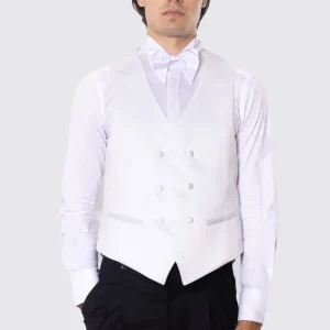 Gilet doppiopetto bianco in raso da uomo regular fit con tasche a filo e gancio di regolazione sul retro
