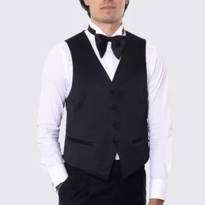 Gilet monopetto nero in raso da uomo regular fit con tasche a filo e gancio di regolazione sul retro