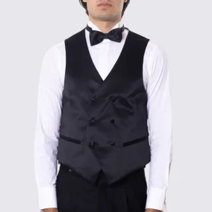 Gilet doppiopetto nero in raso da uomo regular fit con tasche a filo e gancio di regolazione sul retro