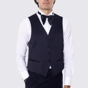 Gilet monopetto blu in raso da uomo regular fit con tasche a filo e gancio di regolazione sul retro