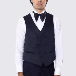 Gilet doppiopetto blu in raso da uomo regular fit con tasche a filo e gancio di regolazione sul retro