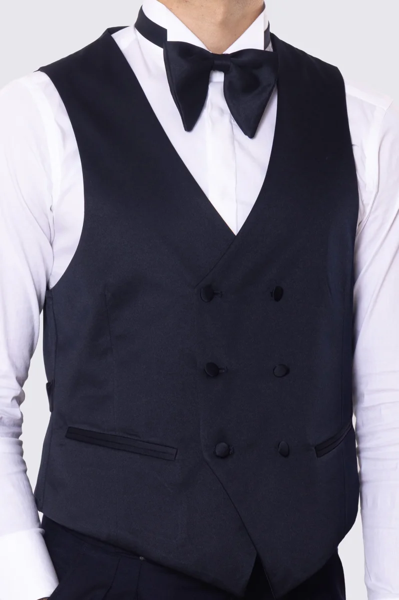 Gilet doppiopetto blu in raso da uomo regular fit con tasche a filo e gancio di regolazione sul retro - immagine 5