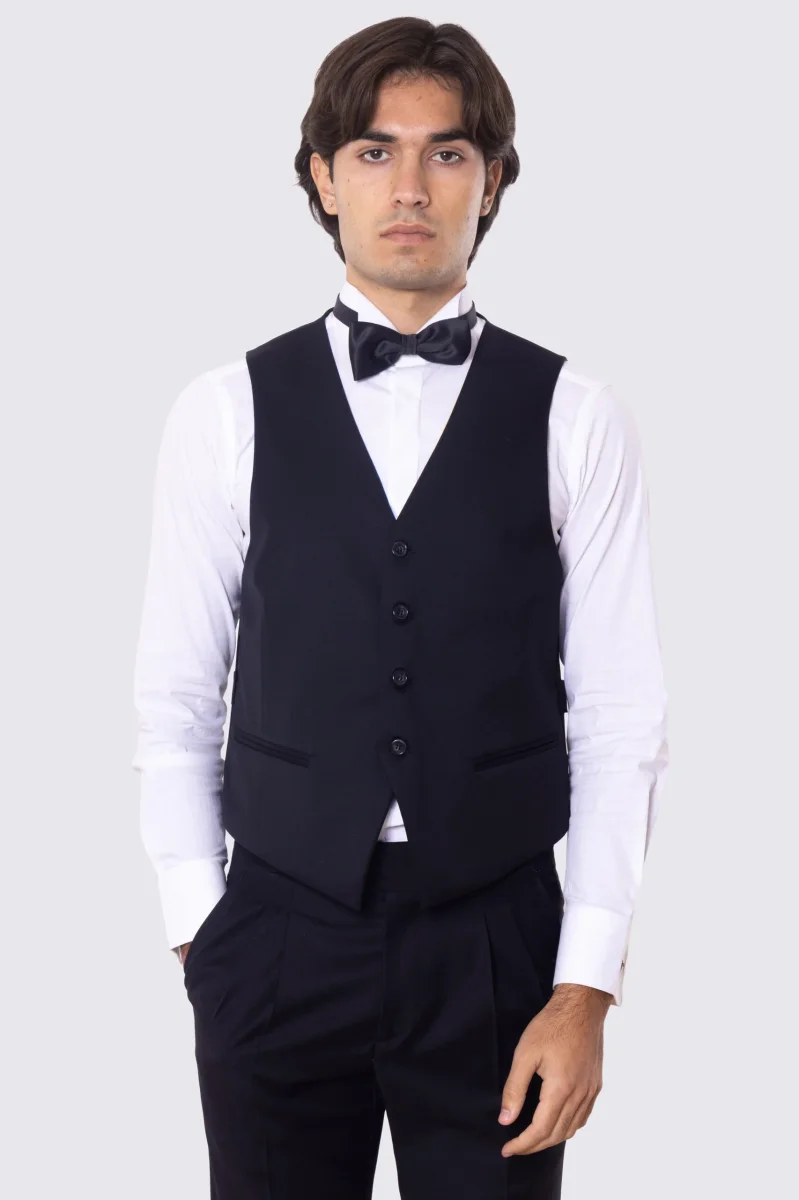 Gilet uomo monopetto nero da cerimonia in fresco lana super 130’s Vitale Barberis Canonico regular fit con tasche a filo e gancio regolatore sul retro - immagine 2