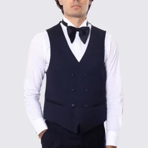 Gilet uomo doppiopetto blu da cerimonia in fresco lana super 130’s Vitale Barberis Canonico regular fit con tasche a filo e gancio regolatore sul retro