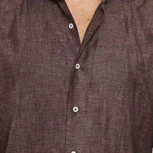 Camicia Marrone in Lino 100% made in italy da uomo collo semi francese morbido Regular fit effetto melange mileta tessuti