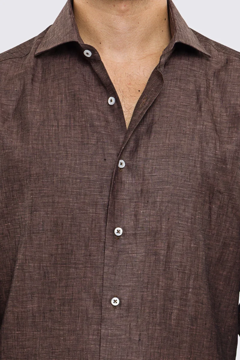 Camicia Marrone in Lino 100% made in italy da uomo collo semi francese morbido Regular fit effetto melange mileta tessuti - immagine 2