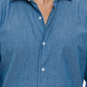 Camicia Uomo denim Regular fit 100% cotone Collo semi francese polso smussato bottoni bianchi effetto madreperla