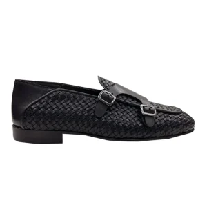 Mocassini uomo marrone scuro in vera pelle intrecciata con doppia fibbia e suola in cuoio made in italy