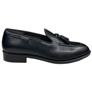 Mocassini uomo blu in vera pelle con nappine e suola in cuoio made in italy