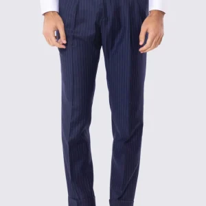 Pantalone blu riga bianca vita alta con fibbie laterali regolabili e risvolto 5cm in lana flanella Bristol Tessuti Napoli