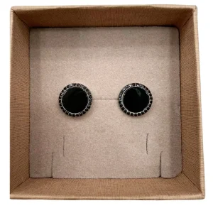 Gemelli da camicia in argento 925 lucido e madreperla nera forma tonda con zirconi neri incassati a mano