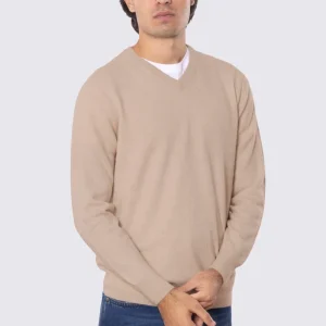 Maglione scollo a v color cammello 100% cashmere a tubolare tinta unita con elastici sulle maniche e sul fondo Finezza 12
