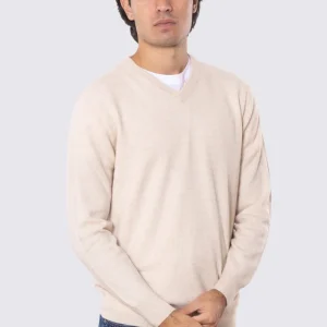 Maglione scollo a v panna 100% cashmere a tubolare tinta unita con elastici sulle maniche e sul fondo Finezza 12