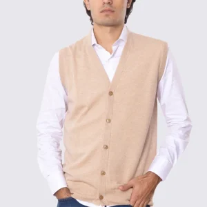 Cardigan Gilet scollo a v con bottoni color cammello 100% cashmere a tubolare tinta unita con elastici sul fondo Finezza 12