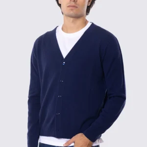 Cardigan scollo a v con bottoni Blu 100% cashmere a tubolare tinta unita con elastici sulle maniche e sul fondo Finezza 12