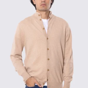 Cardigan collo alto con bottoni Color cammello 100% cashmere a tubolare tinta unita con elastici sulle maniche e sul fondo Finezza 12