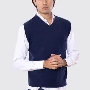 Gilet scollo a v blu 100% cashmere a tubolare tinta unita con elastici sulle maniche e sul fondo Finezza 12