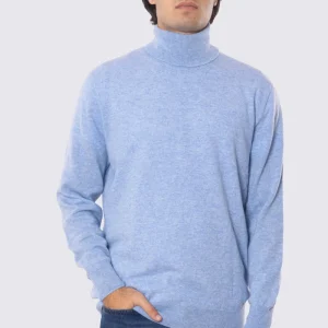 Dolcevita Celeste 100% cashmere a tubolare tinta unita con elastici sulle maniche e sul fondo Finezza 12