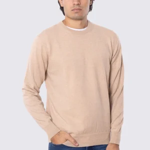 Maglione girocollo color cammello 100% cashmere a tubolare tinta unita con elastici sulle maniche e sul fondo Finezza 12