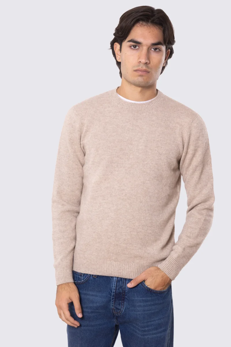 Maglione girocollo Beige 100% cashmere a tubolare tinta unita con elastici sulle maniche e sul fondo Finezza 12