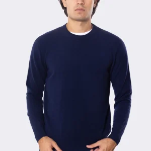 Maglione girocollo blu 100% cashmere a tubolare tinta unita con elastici sulle maniche e sul fondo Finezza 12.