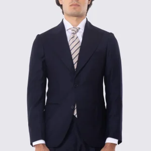 Abito blu notte con giacca monopetto rever a lancia tasche a filo e pantalone vita alta con fibbie laterali regolabili doppie pinces e risvolto 5cm 100% lana Flanella Carillo Drapers