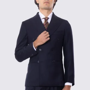 Abito blu notte con giacca Doppiopetto rever a lancia tasche a filo e pantalone vita alta con doppie pinces e risvolto 5cm 100% lana Flanella Carillo Drapers