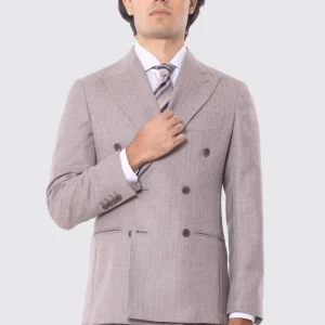 Abito Tortora con giacca Doppiopetto rever a lancia tasche a filo e pantalone vita alta con doppia pinces e risvolto 5cm 100% lana Flanella Carillo Drapers