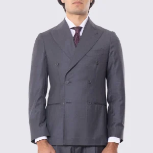 Abito grigio con giacca Doppiopetto rever a lancia tasche a filo e pantalone vita alta con doppia pinces e risvolto 5cm 100% lana Flanella Carillo Drapers