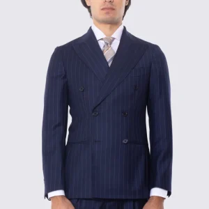 Abito blu gessato bianco con giacca Doppiopetto rever a lancia tasche a filo e pantalone vita alta con doppia pinces e risvolto 5cm 100% lana Flanella Carillo Drapers