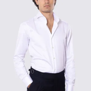 Camicia Uomo bianca 100% cotone collo italiano con cucitura all’inglese mileta Tessuti Fortuny slim Fit Tinta unita