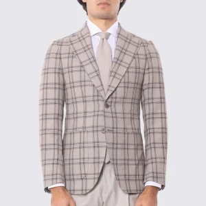 Giacca Monopetto beige principe di galles da Uomo in Lana e lino Vitale Barberis Canonico Rever classico 10cm Tasche a toppe