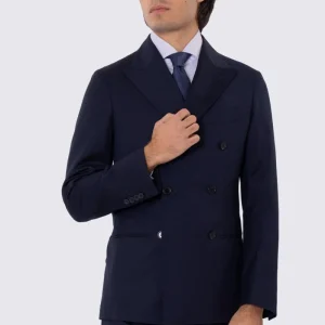 Abito uomo Doppiopetto blu notte fresco lana super 110’s Tessuti in esclusiva Sartoria Carillo completamente sfoderato con Rever a lancia e tasche a filetto..