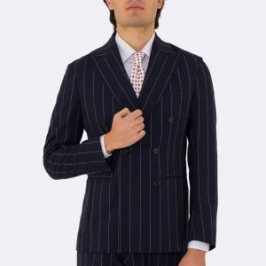 Abito uomo Doppiopetto blu gessato bianco fresco lana super 110’s Tessuti in esclusiva Sartoria Carillo completamente sfoderato con Rever a lancia e tasche a filetto