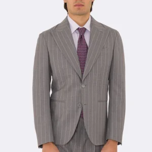 Abito uomo Monopetto grigio gessato bianco fresco lana super 110’s Tessuti in esclusiva Sartoria Carillo completamente sfoderato con Rever a lancia e tasche a filetto
