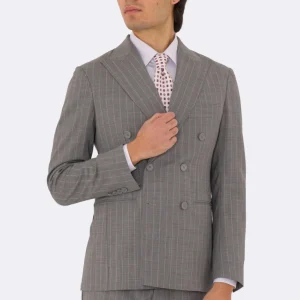 Abito uomo Doppiopetto grigio gessato bianco fresco lana super 110’s Tessuti in esclusiva Sartoria Carillo completamente sfoderato con Rever a lancia e tasche a filetto