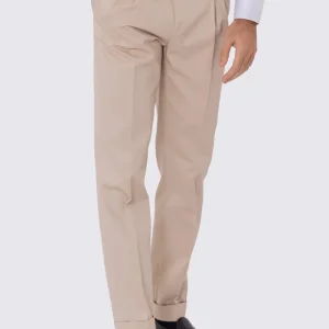 Pantalone uomo beige vita alta con doppia pinces tasca america in cotone 290gr invernale risvolto 5cm made in italy
