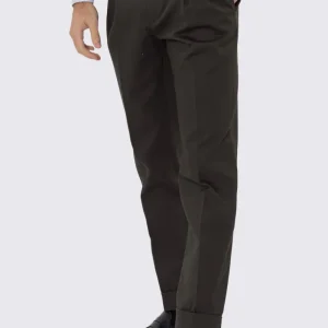 Pantalone uomo Verde militare vita alta con doppia pinces tasca america in cotone 290gr invernale risvolto 5cm made in italy