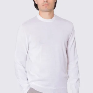 Maglione girocollo bianco in lana merinos 100% costruzione tubolare senza cuciture rifinito a mano tinta unita con elastici sulle maniche e sul fondo Finezza 12