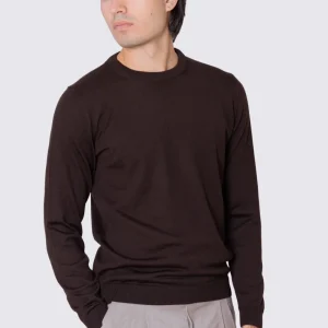 Maglione girocollo Marrone in lana merinos 100% costruzione tubolare senza cuciture rifinito a mano tinta unita con elastici sulle maniche e sul fondo Finezza 12