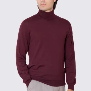 Dolcevita Bordeaux in lana merinos 100% costruzione tubolare senza cuciture rifinito a mano tinta unita con elastici sulle maniche e sul fondo Finezza 12