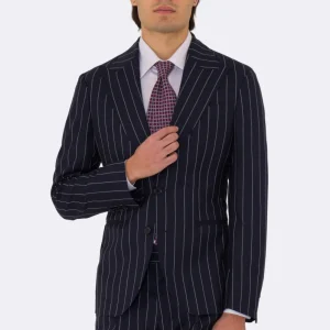 Abito uomo Monopetto Blu gessato fresco lana super 130’s double twisted Tessuti Aristo Napoli completamente sfoderato con Rever a lancia e tasche a filetto