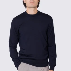 Maglione girocollo Blu notte in lana merinos 100% costruzione tubolare senza cuciture rifinito a mano tinta unita con elastici sulle maniche e sul fondo Finezza 12