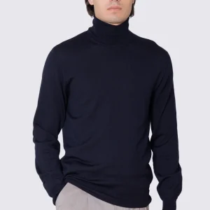 Dolcevita Blu notte in lana merinos 100% costruzione tubolare senza cuciture rifinito a mano tinta unita con elastici sulle maniche e sul fondo Finezza 12