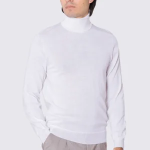 Dolcevita Bianco in lana merinos 100% costruzione tubolare senza cuciture rifinito a mano tinta unita con elastici sulle maniche e sul fondo Finezza 12