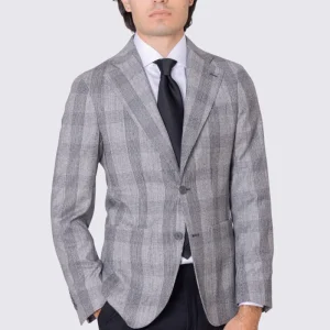 Giacca da uomo Monopetto grigia Principe di galles in lana flanella e cashmere Bristol tessuti napoli sfoderata Rever a lancia tasche a filo